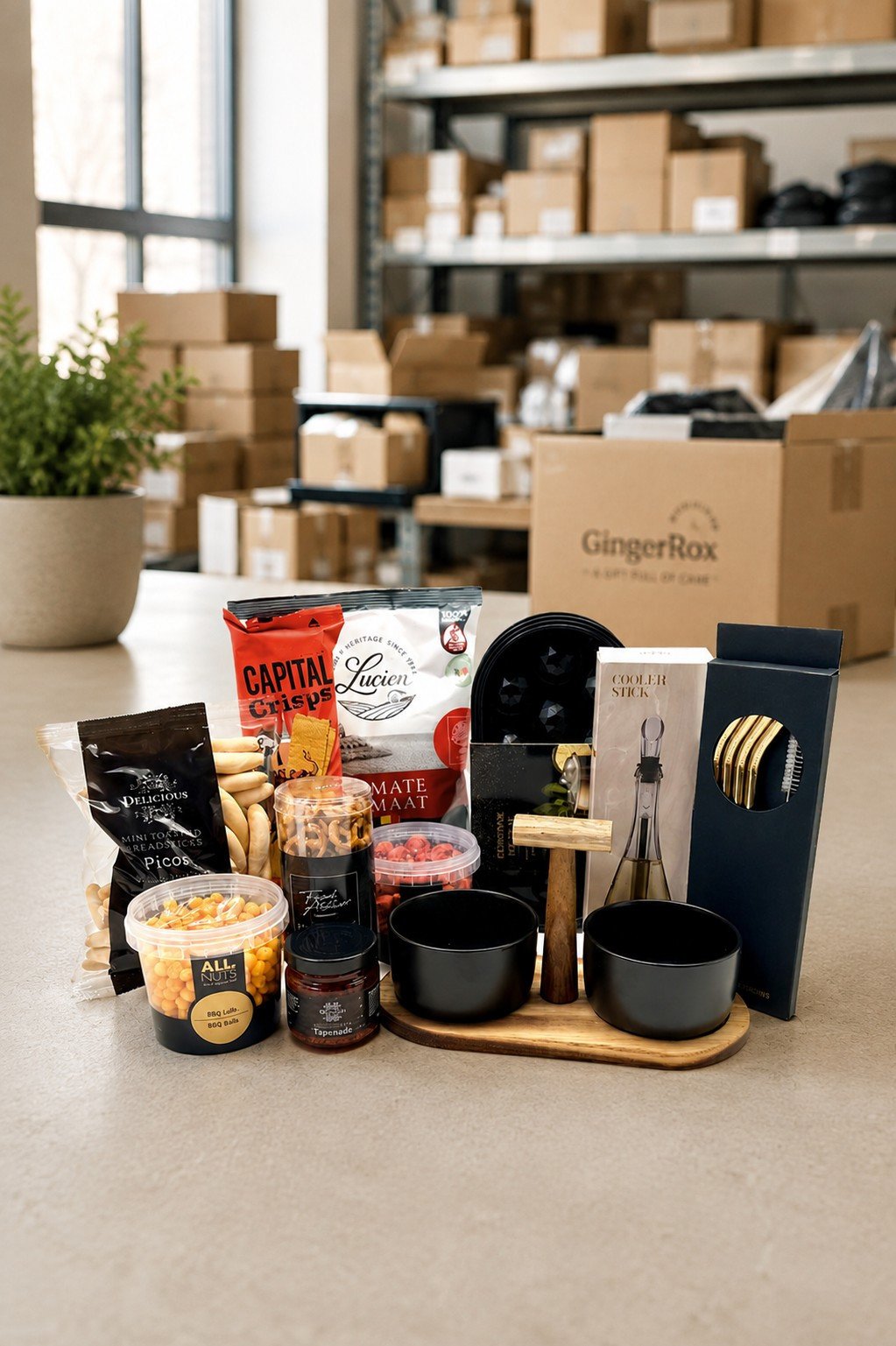 Geschenken voor klanten en medewerkers - aperitief geschenkbox in magazijn