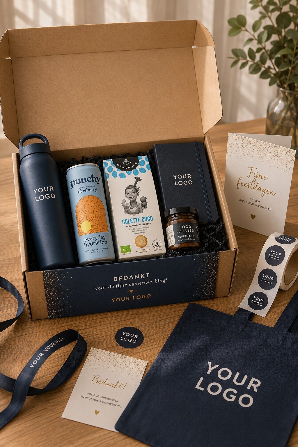 Geschenkbox met bedrijfslogo op producten, gepersonaliseerde tote bag, stickers, doos en kaart