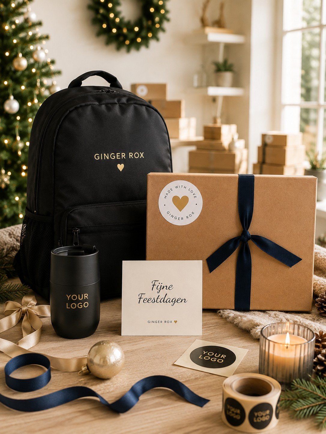 Relatiegeschenken voor Kerst - gepersonaliseerde rugzak, sticker met logo, en kaartje met persoonlijke boodschap