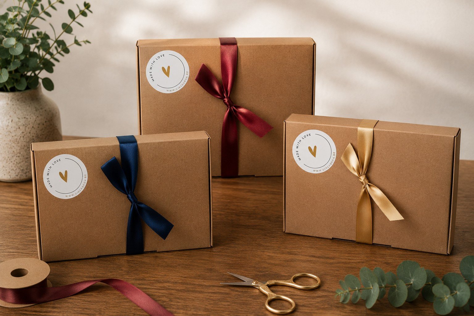 Geschenkboxen met blauw, bordeaux en gouden lint