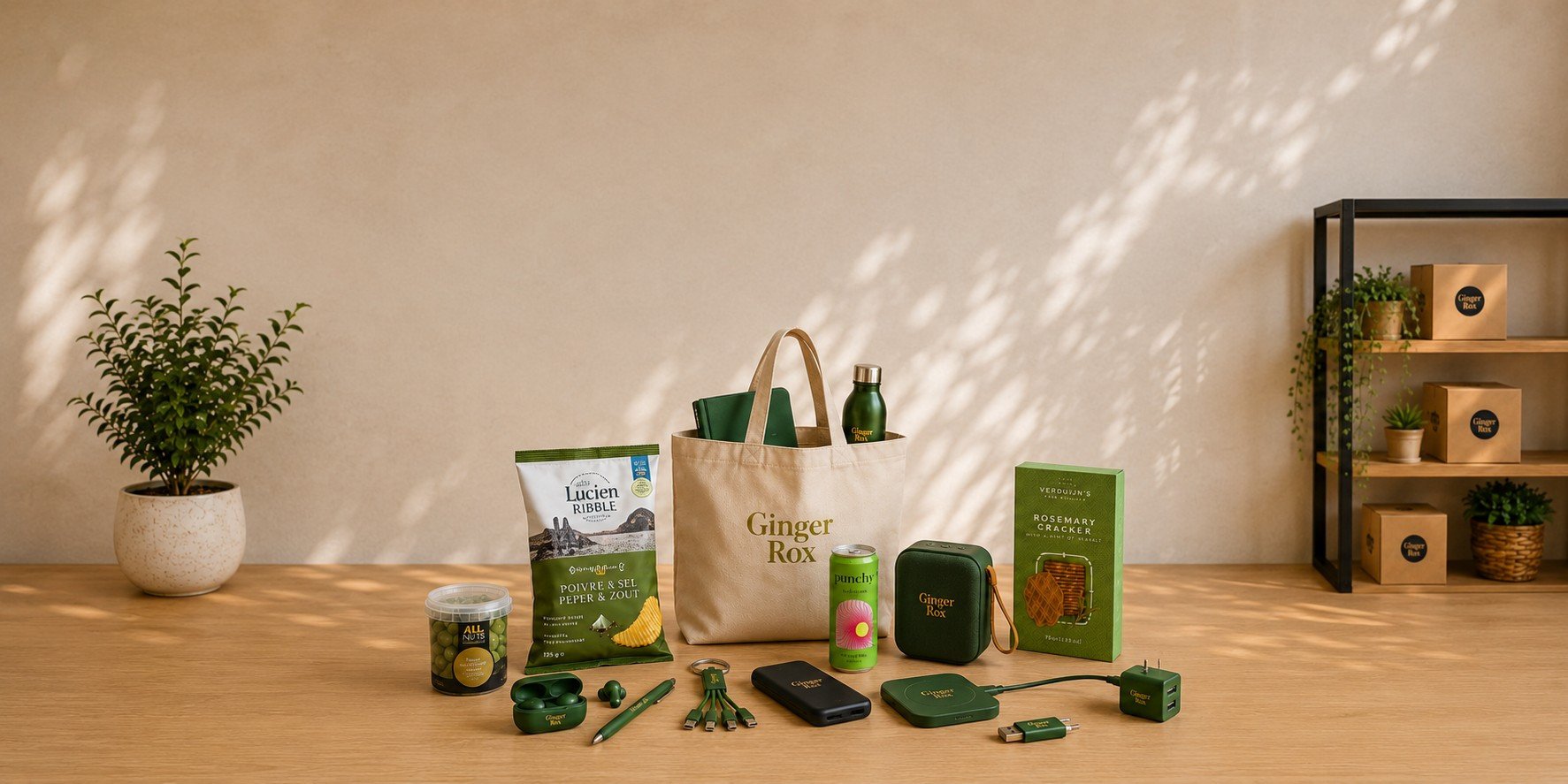 Relatiegeschenken Ginger Rox met powerlbank, speaker, oortjes, balpen, tote bag en lekkers