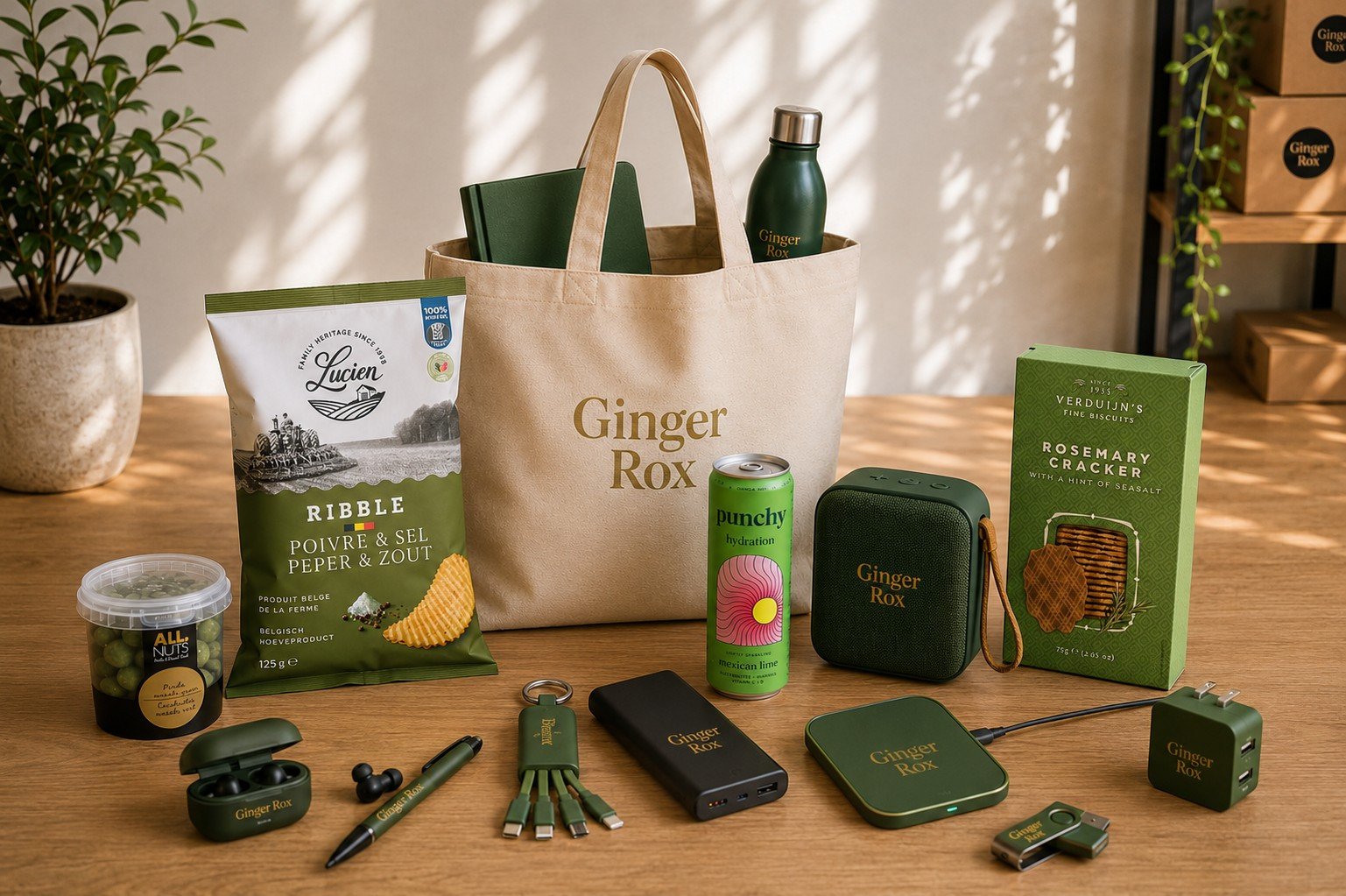 Relatiegeschenken Ginger Rox met powerlbank, speaker, oortjes, balpen, tote bag en lekkers