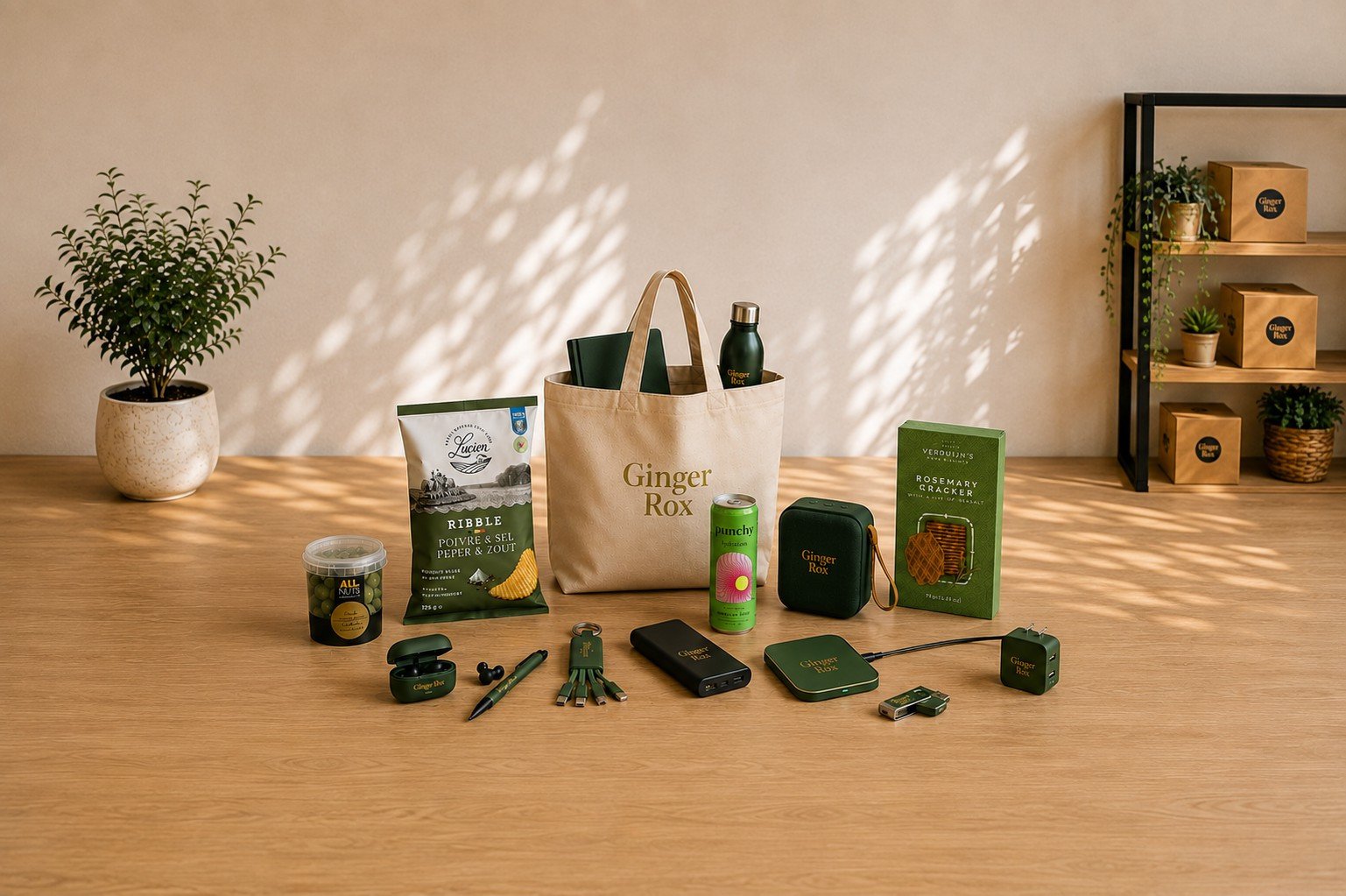 Relatiegeschenken Ginger Rox met powerlbank, speaker, oortjes, balpen, tote bag en lekkers