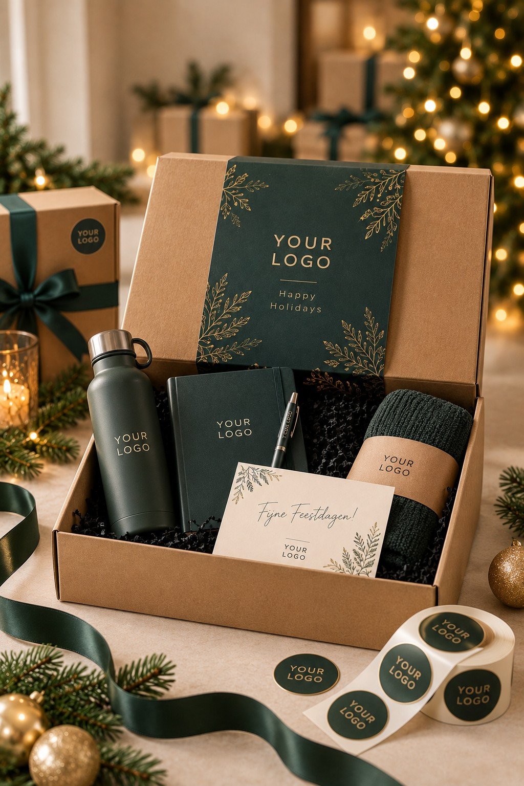 Happy Holidays geschenkbox met groen-gouden kerstkaart en accessoires