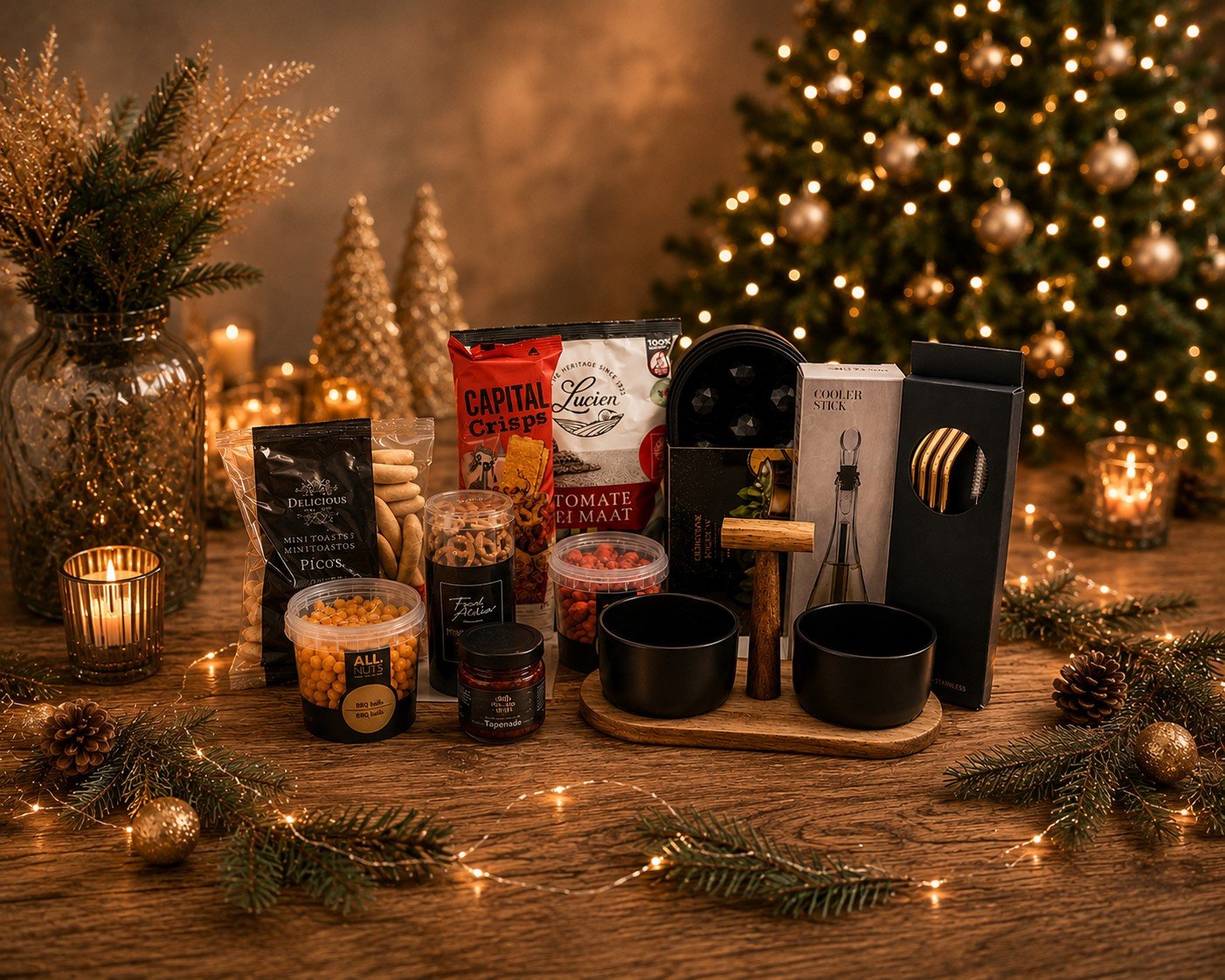 Luxe kerst aperitiefpakket met snacks, tapenade en apero toebehoren