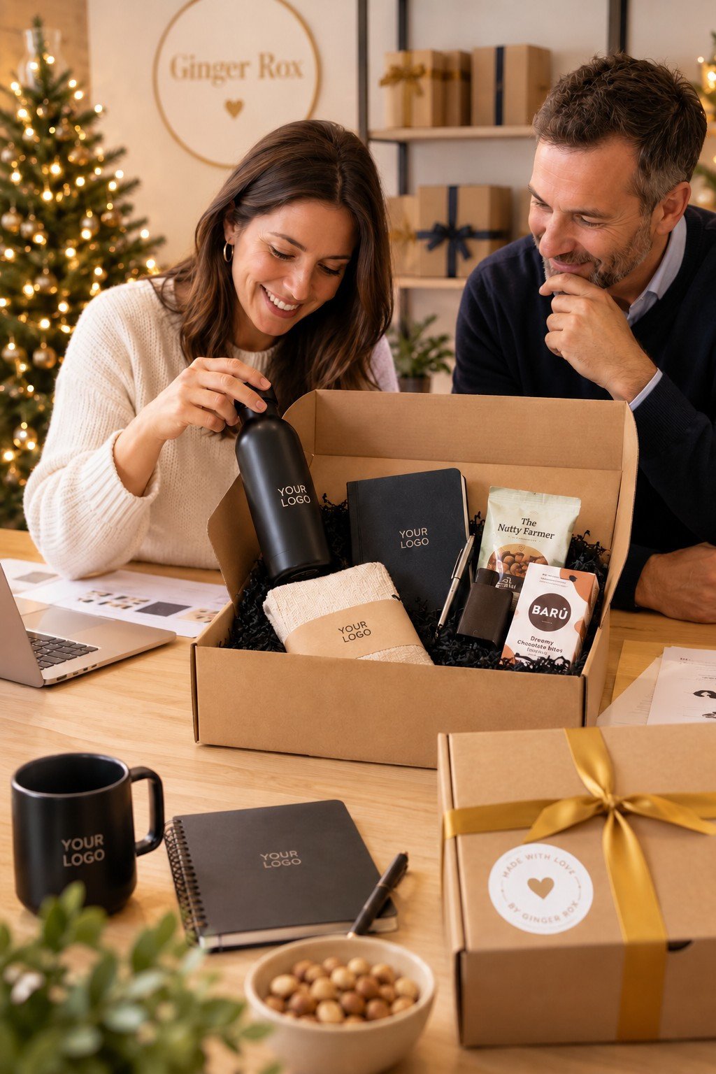 Collega\'s pakken samen kerstgeschenkbox uit op kantoor
