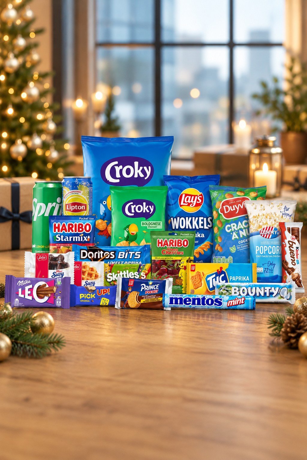 Kerstpakket met merksnacks zoals Croky, Lay\'s en Haribo