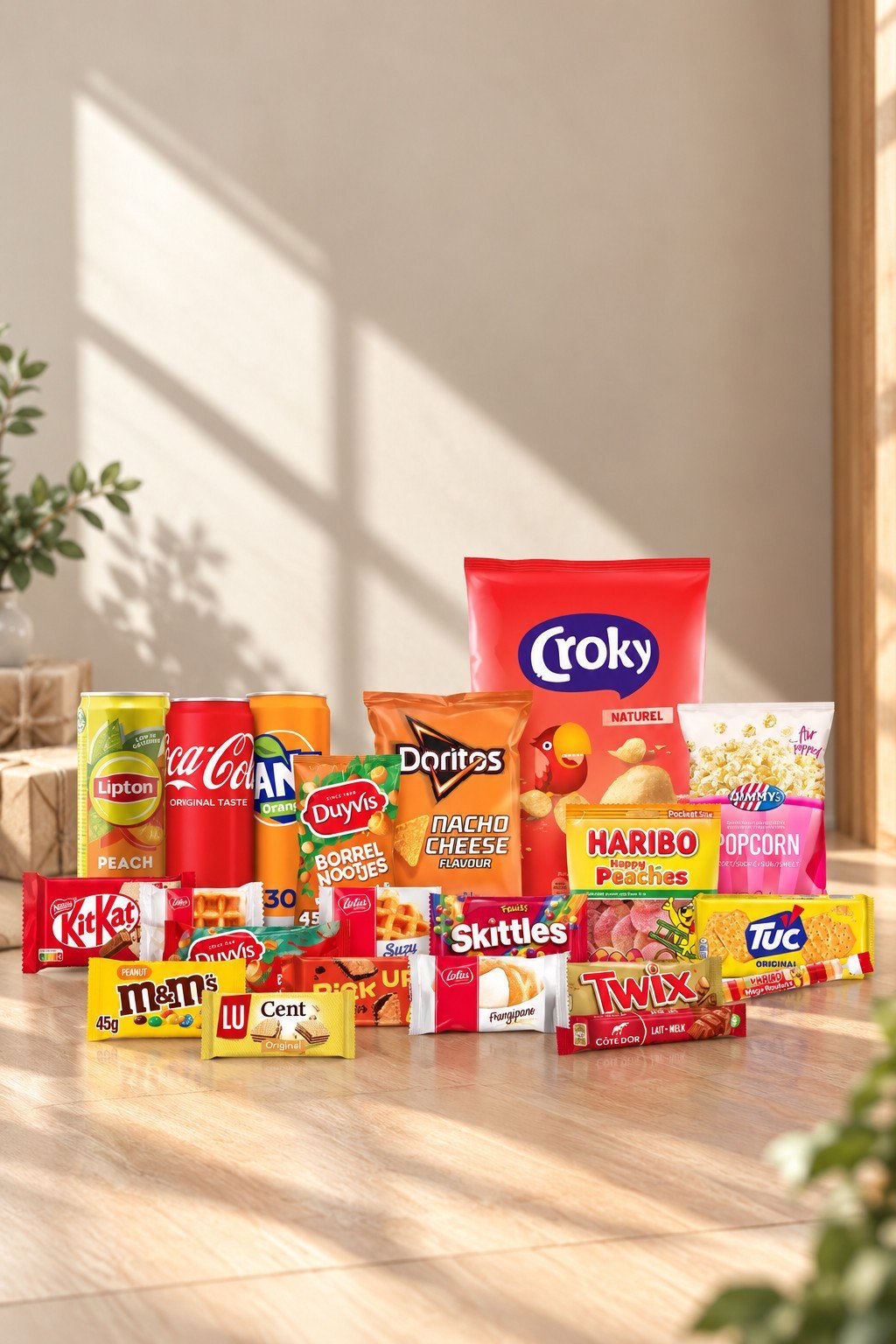 Kerstpakket met merksnacks zoals Croky, Lay\'s en Haribo