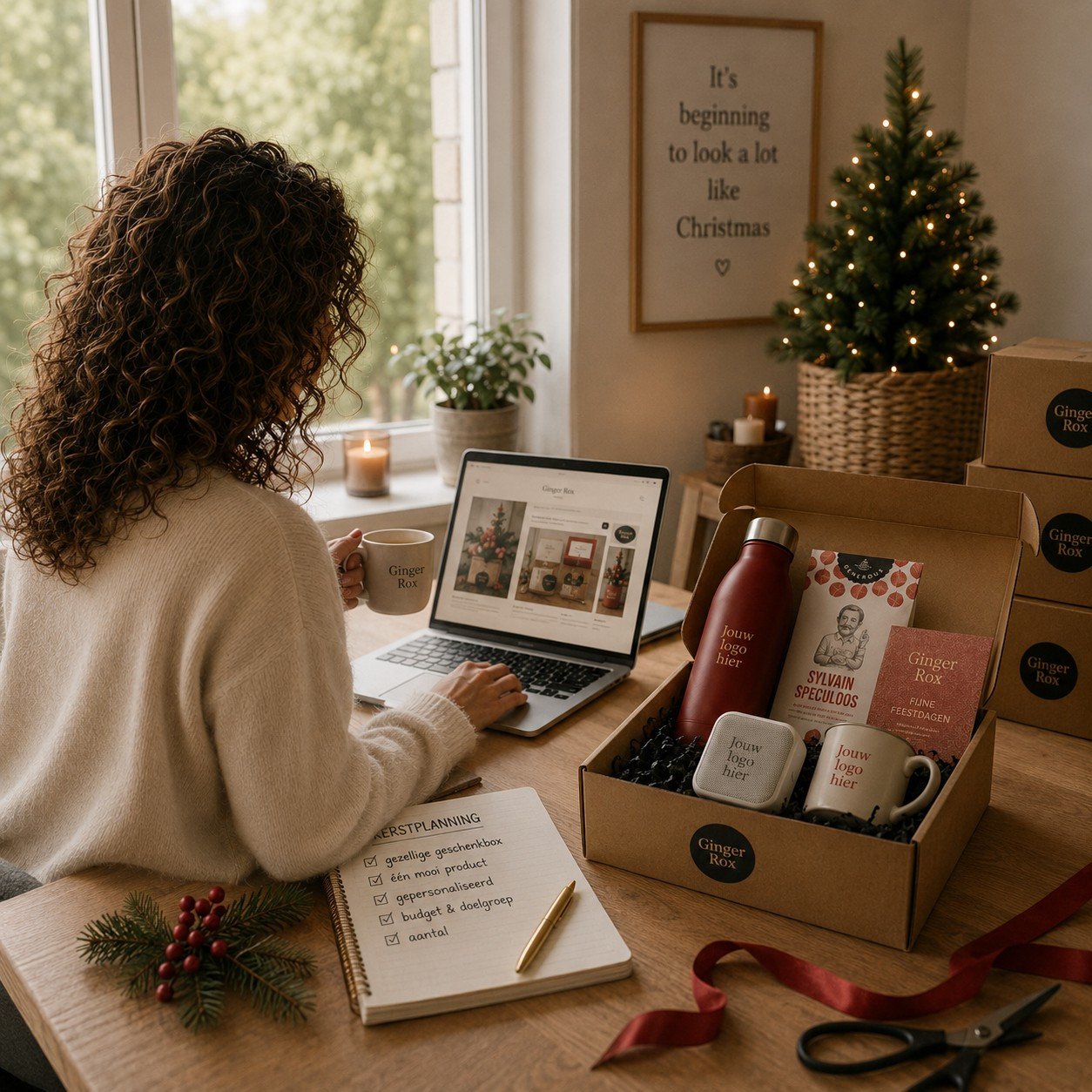 Kerstplanning eindejaarsgeschenken voor medewerkers of klanten bekijken op Ginger Rox website met geschenkbox